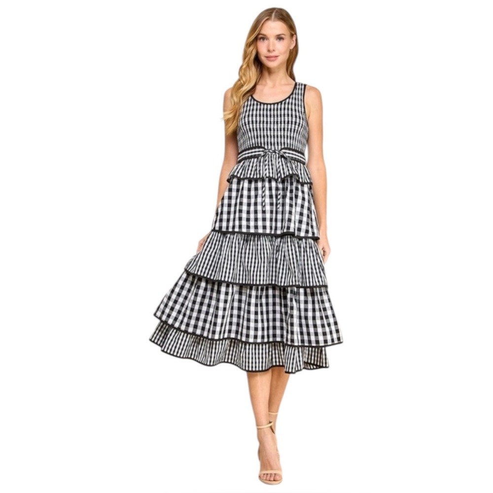 Hunter Bell Andrea Dress Black White Gingham Tiered Midi Size 6 NWT